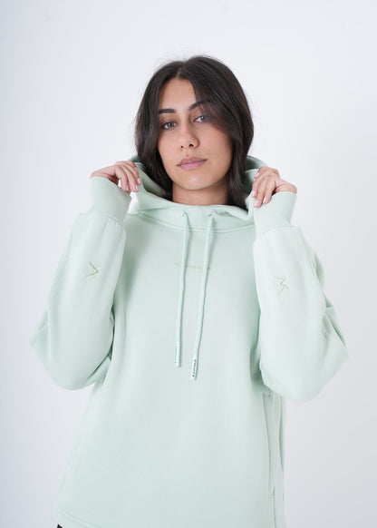 Women's VAN MILE VNML Hoodie in Mint Green – front view, holding the hood