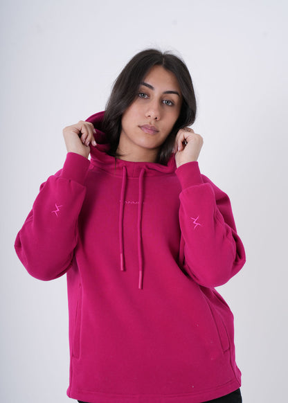 Women's VAN MILE VNML Hoodie in Cerise – front view, holding the hood