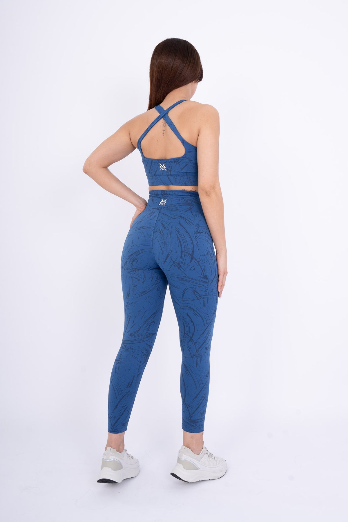 Women's VAN MILE Ignite Sports Bra in Blue Printed – back view, shown with matching leggings