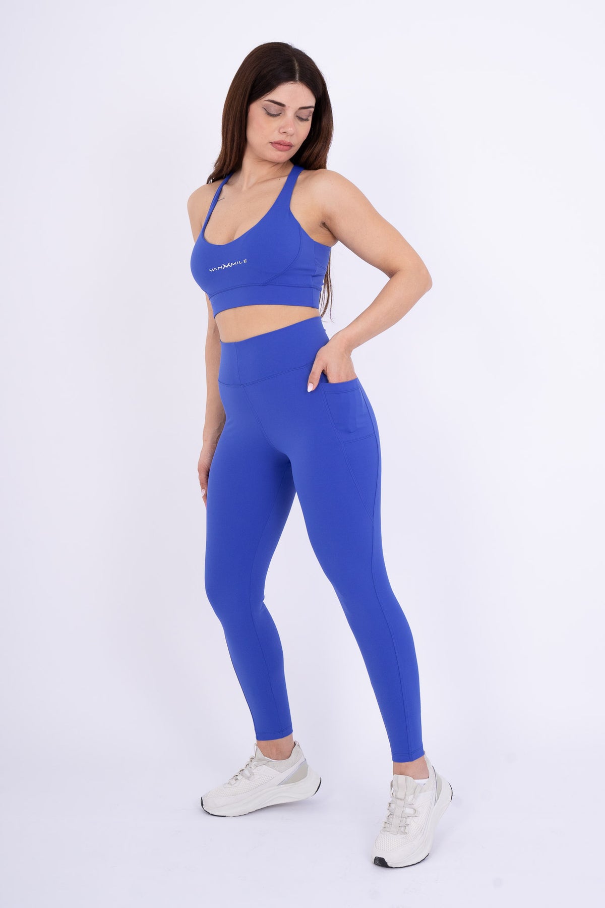 Women's VAN MILE Reborn Sports Bra in Blue – full outfit, shown with matching leggings