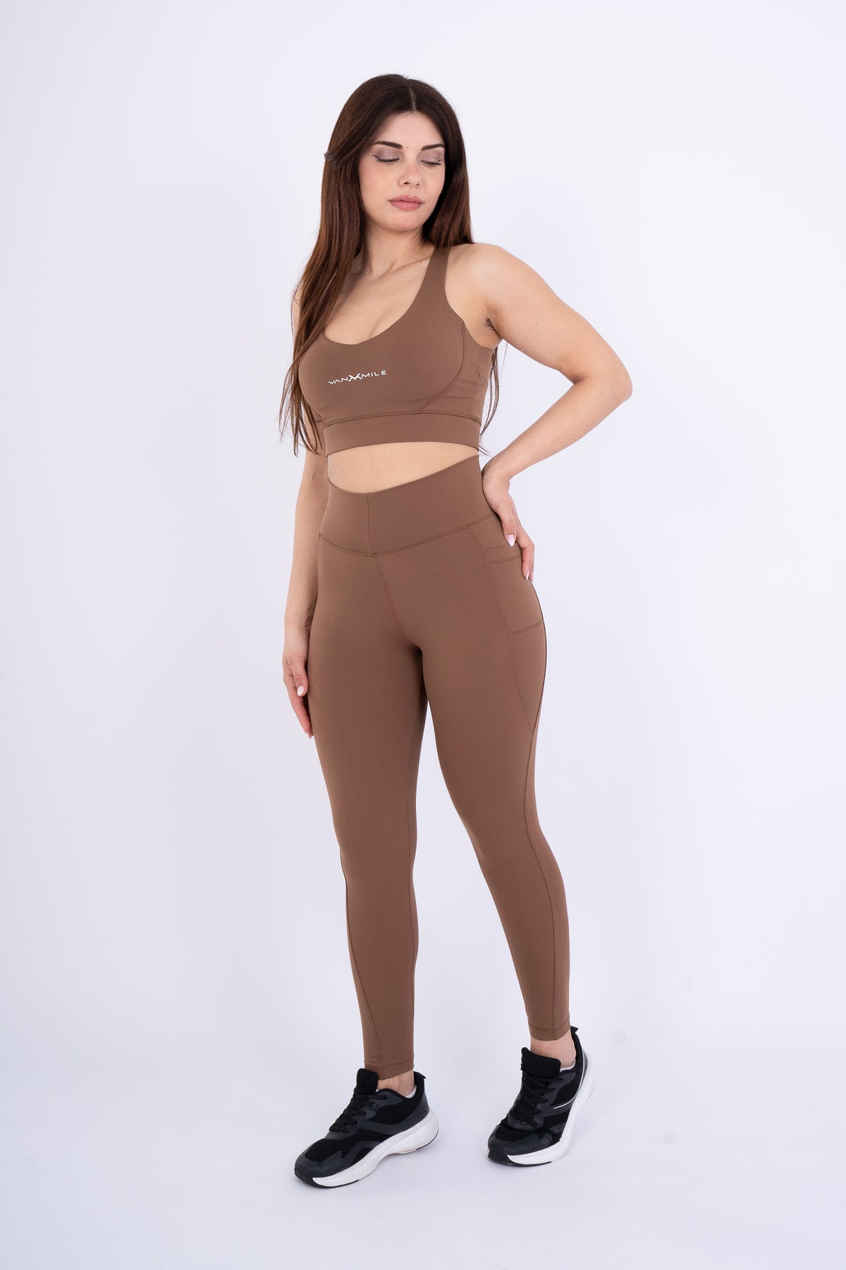 Women's VAN MILE Reborn Sports Bra in Brown – full outfit, shown with matching leggings