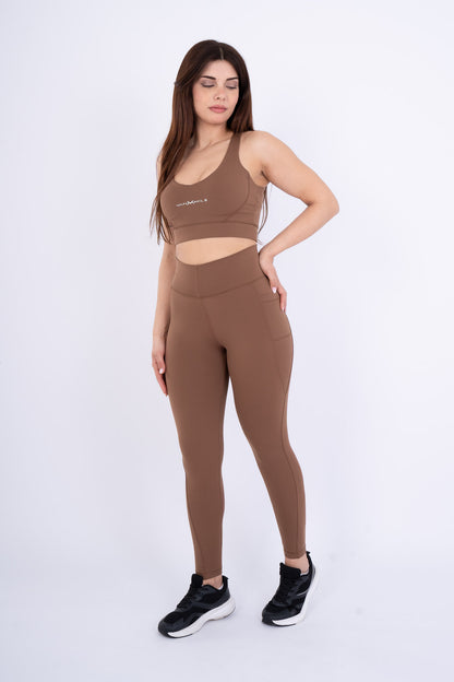 Women's VAN MILE Reborn Sports Bra in Brown – full outfit, shown with matching leggings