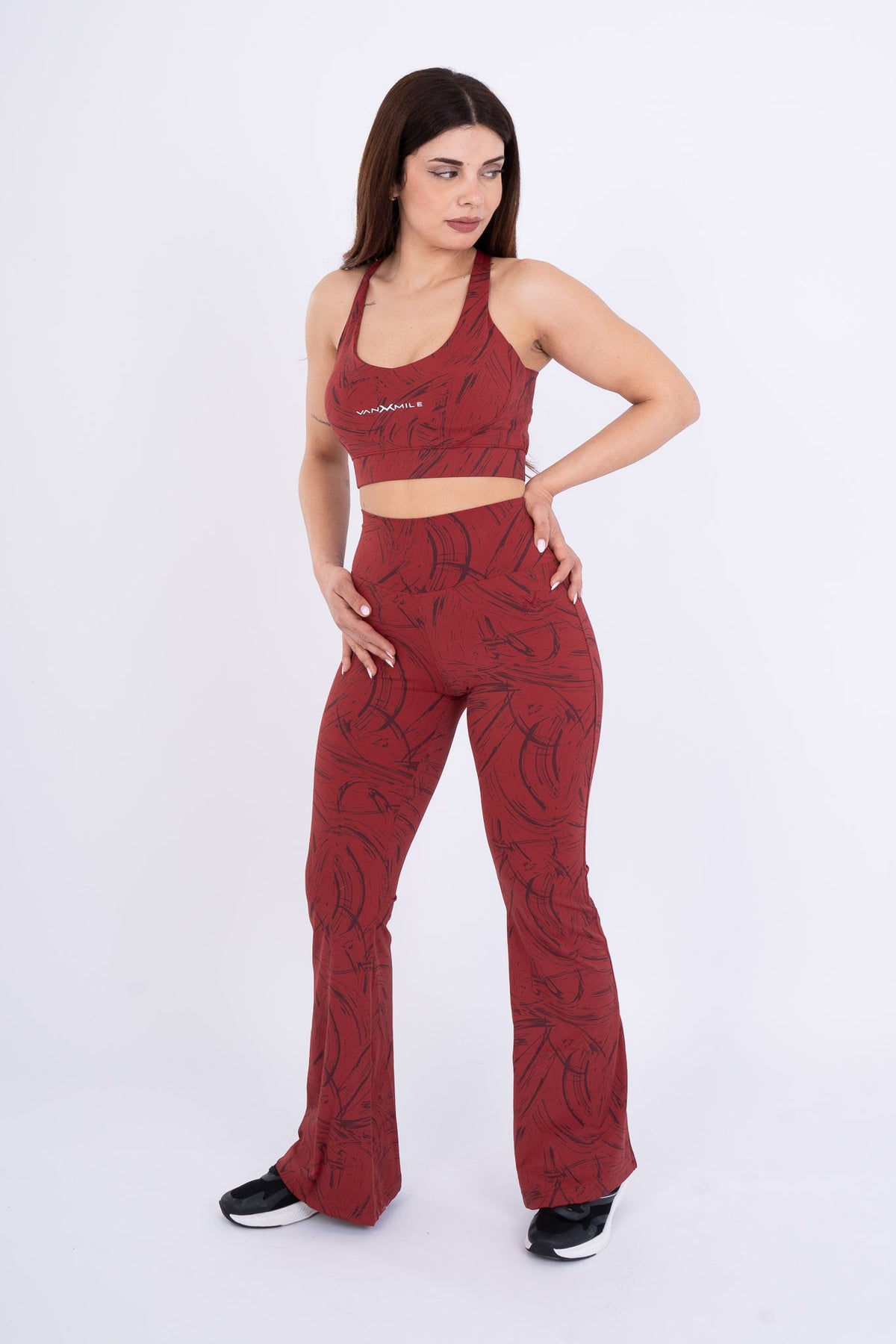 Women's VAN MILE Ignite Flared Leggings in Red Printed – front view, shown with matching sports bra