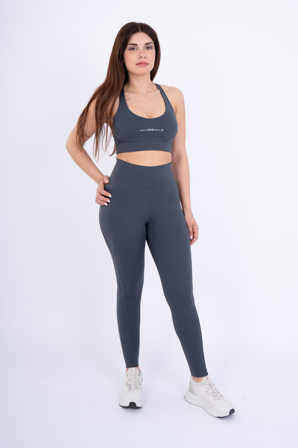 Women's VAN MILE Reborn Sports Bra in Dark Grey – full outfit, shown with matching leggings