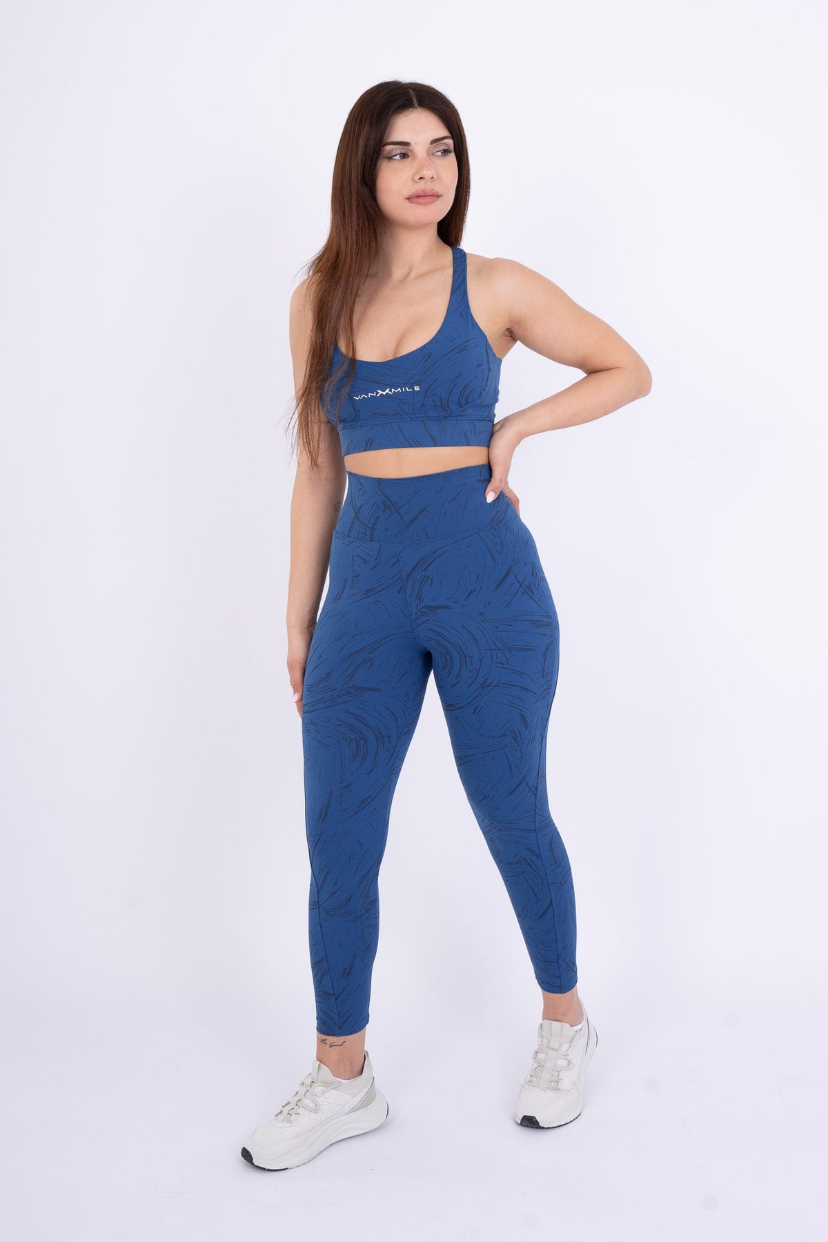 Women's VAN MILE Ignite Leggings in Blue Printed – front view, shown with matching sports bra