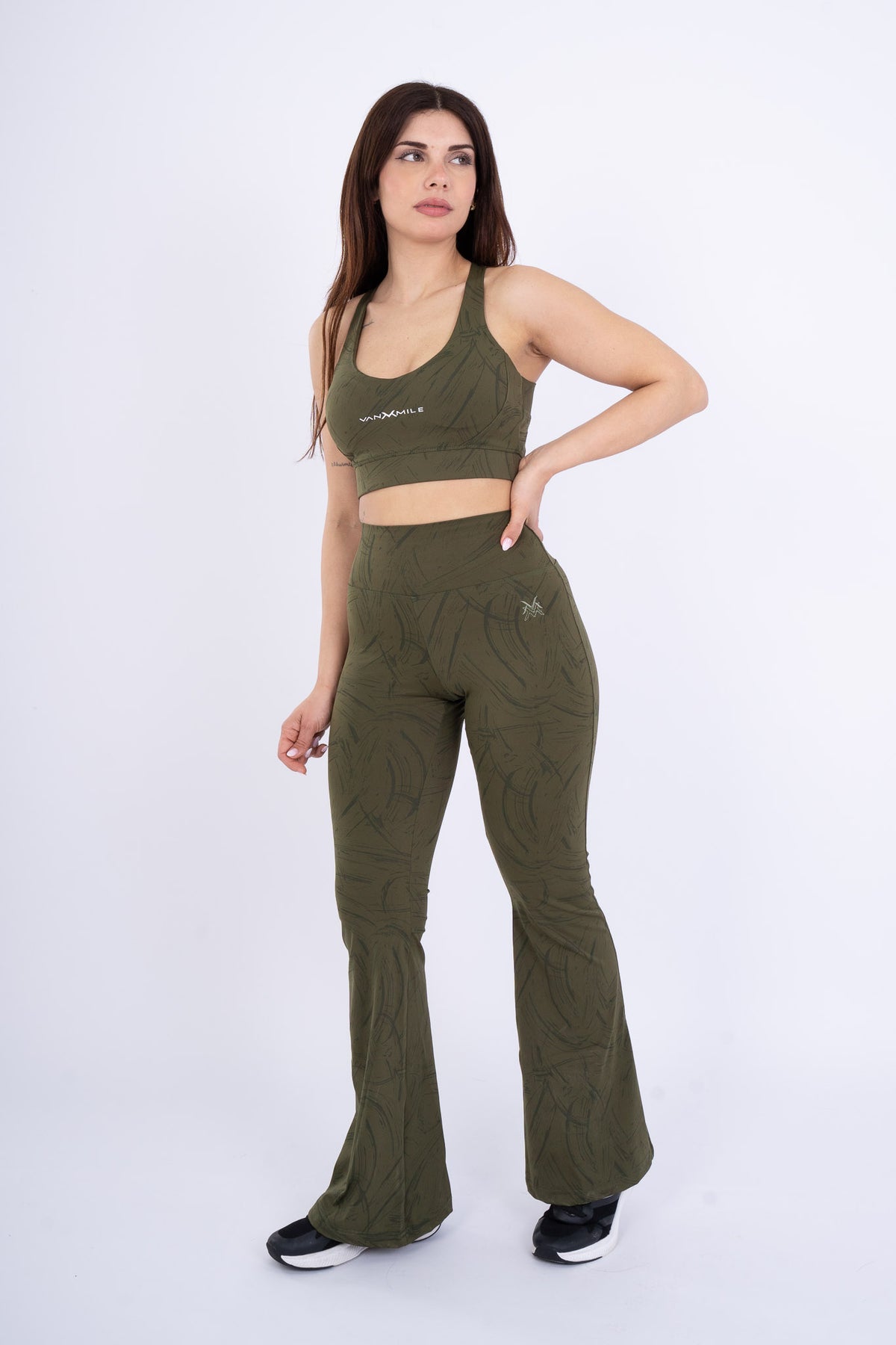 Women's VAN MILE Ignite Flared Leggings in Olive Green Printed – front view, shown with matching sports bra
