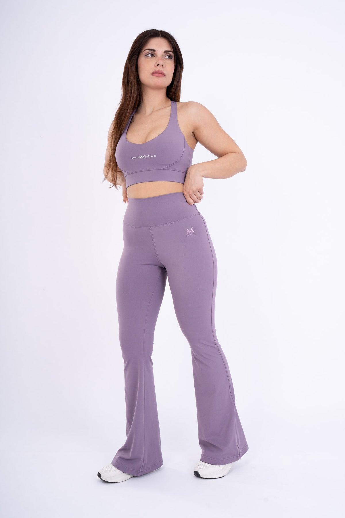 Women's VAN MILE Reborn Flared Leggings in Purple – front view, shown with matching sports bra