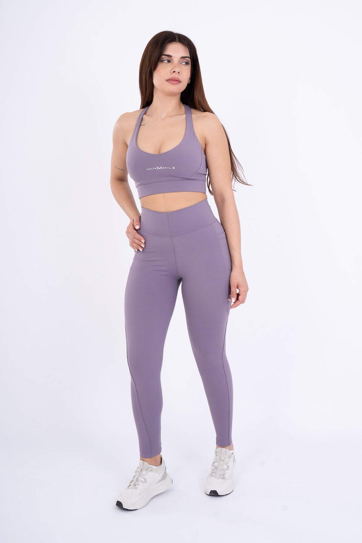 Women's VAN MILE Reborn Leggings in Purple – front view, shown with matching sports bra