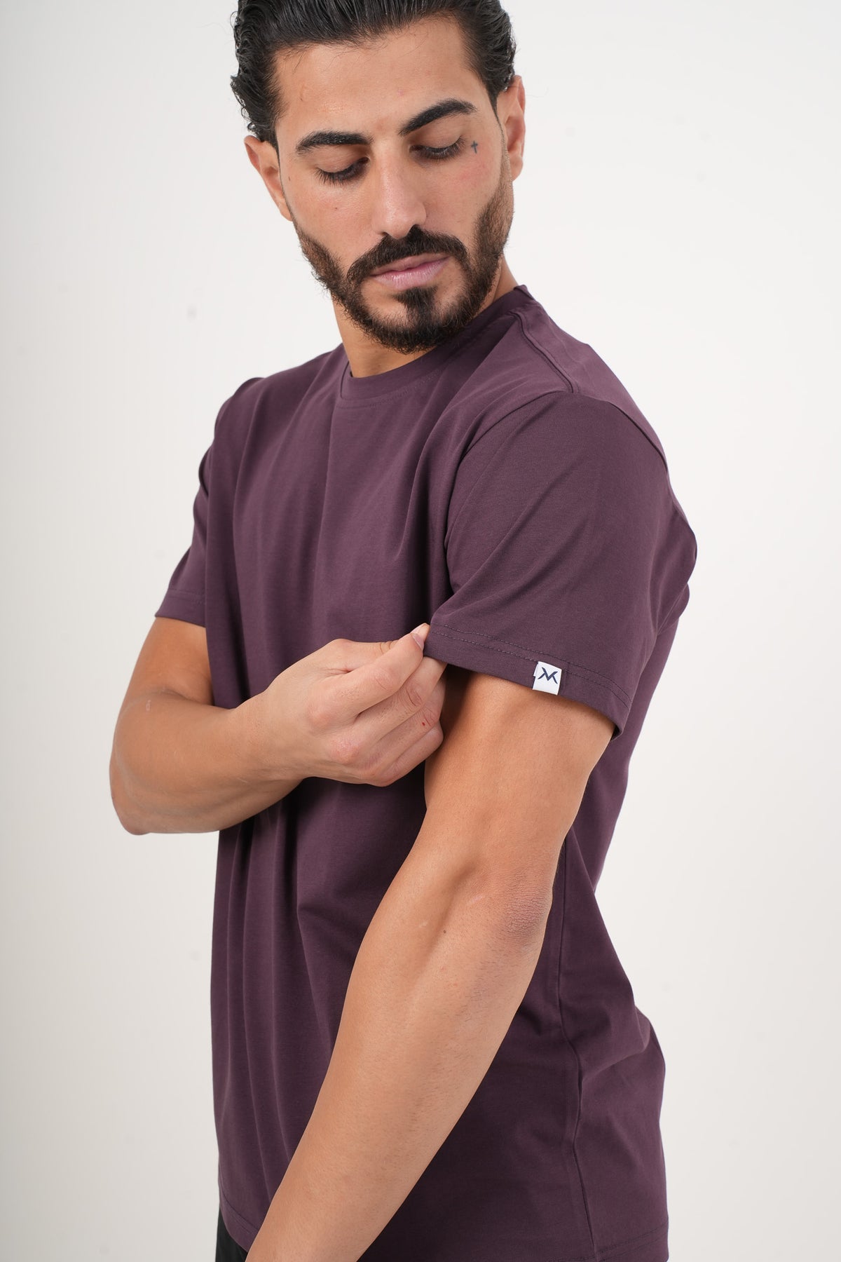 Men's VAN MILE Basic T-Shirt in Aubergine – sleeve detail