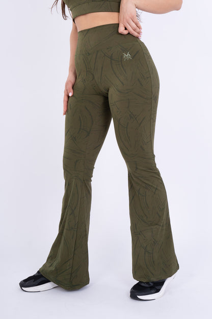 Women's VAN MILE Ignite Flared Leggings in Olive Green Printed – front view