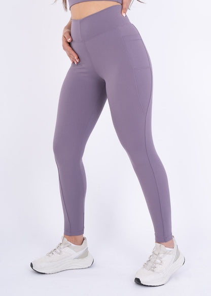 Women's VAN MILE Reborn Leggings in Purple – three-quarter view showing the side pocket