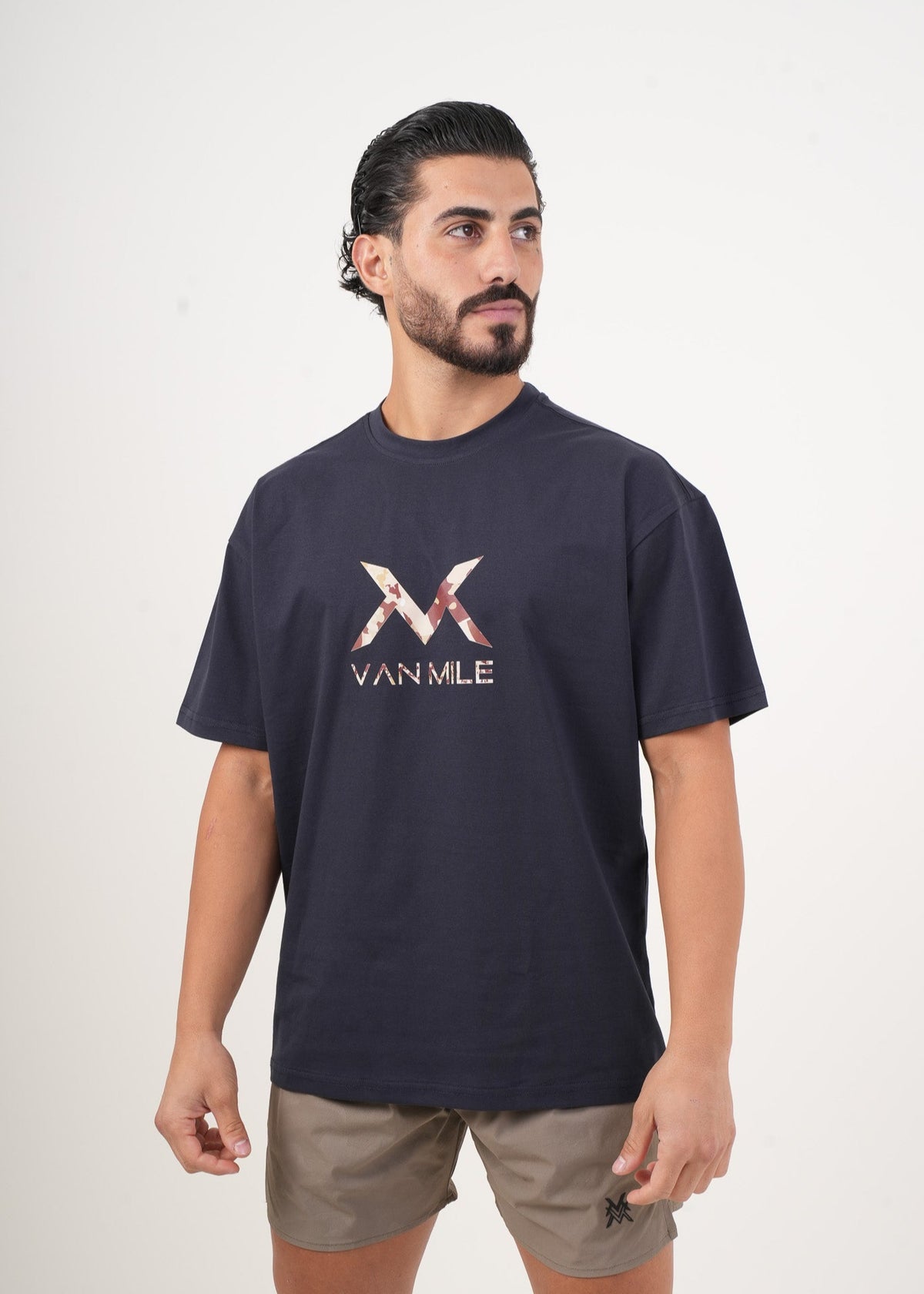 Men's VAN MILE ARMY Oversized T-Shirt in Navy – angled front view
