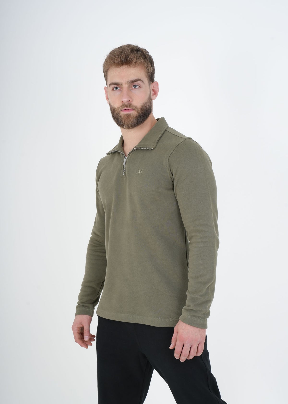 Men's VAN MILE VNML Half Zip Jacket in Olive Green – front view, angled