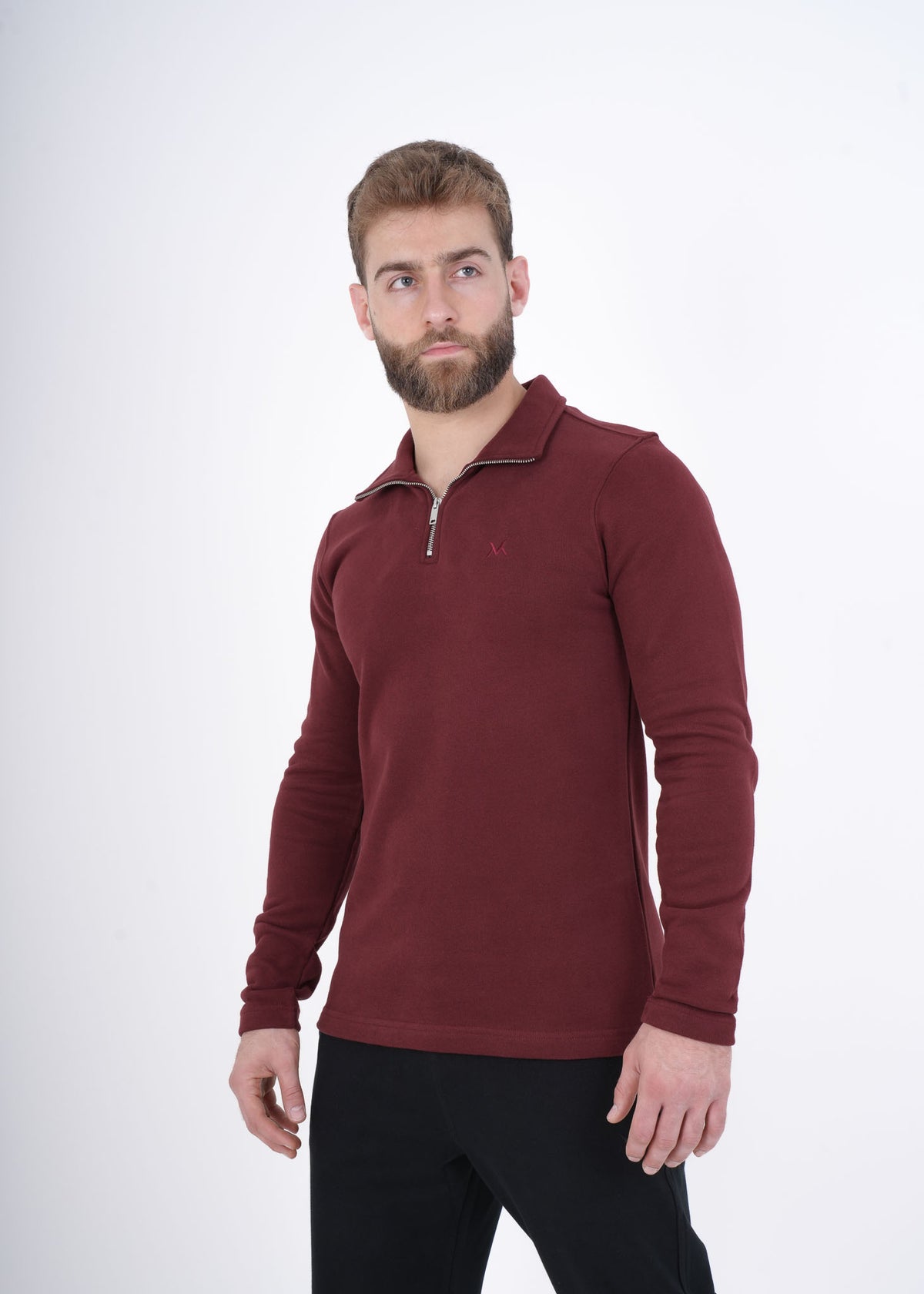 Men's VAN MILE VNML Half Zip Jacket in Burgundy – front view, angled