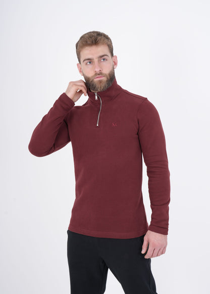 Men's VAN MILE VNML Half Zip Jacket in Burgundy – front view, hand on collar