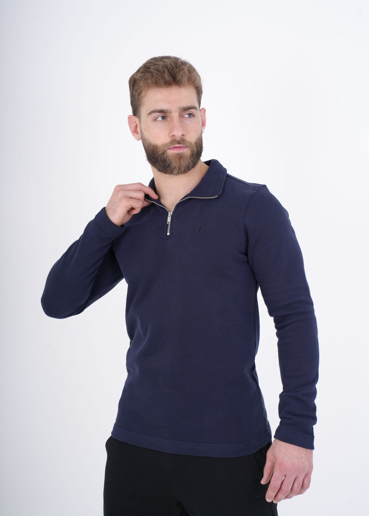 Men's VAN MILE VNML Half Zip Jacket in Navy – front view, hand on collar