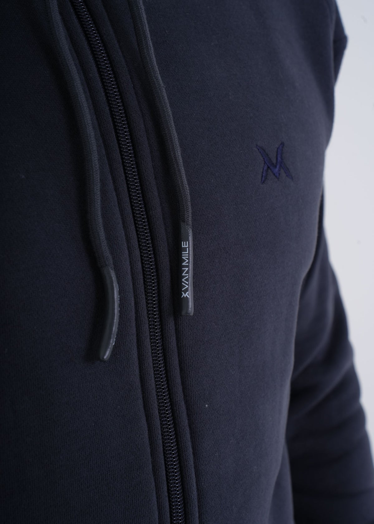 Men's VAN MILE VNML Full Zip Hoodie in Dark Gray – drawcord and logo detail