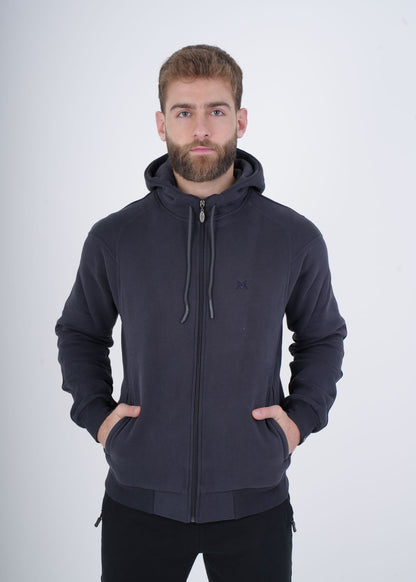 Men's VAN MILE VNML Full Zip Hoodie in Dark Gray – front view, hands in pockets