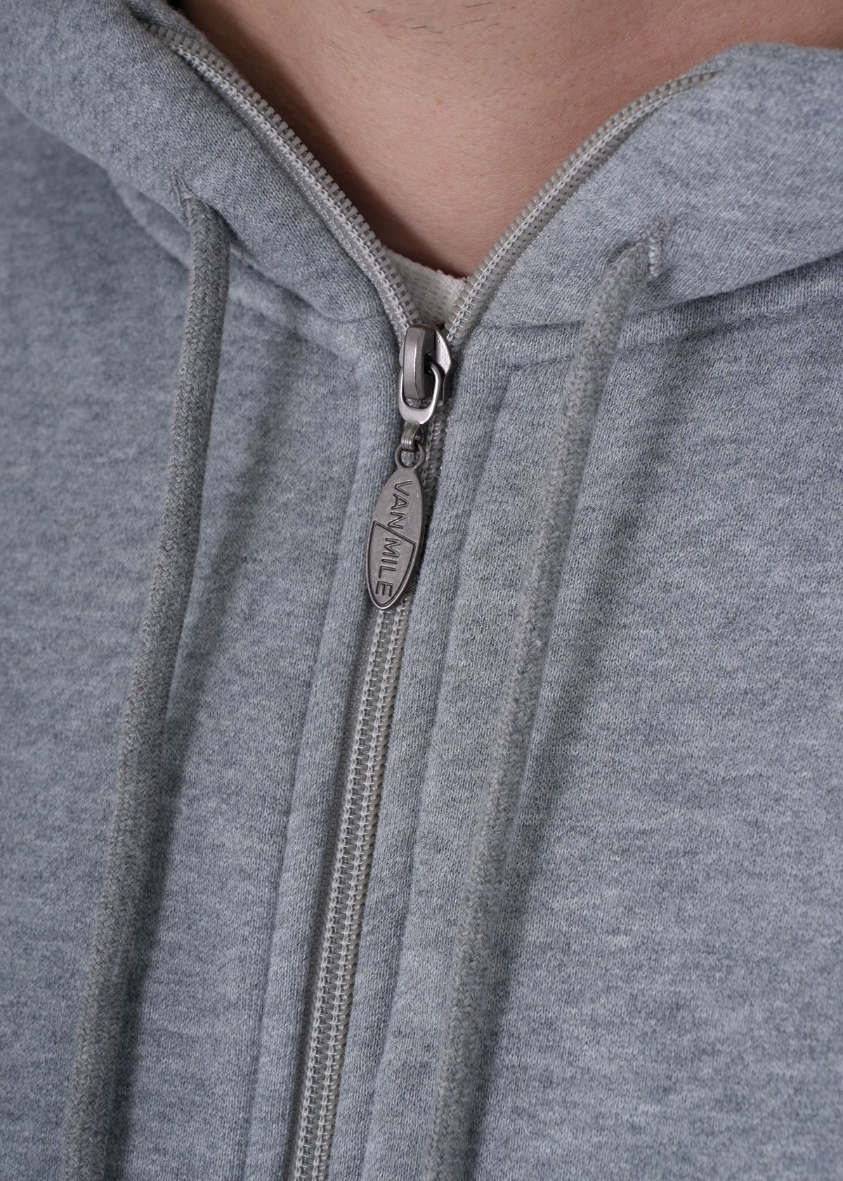 Men's VAN MILE VNML Full Zip Hoodie in Cloud Gray – zip pull detail