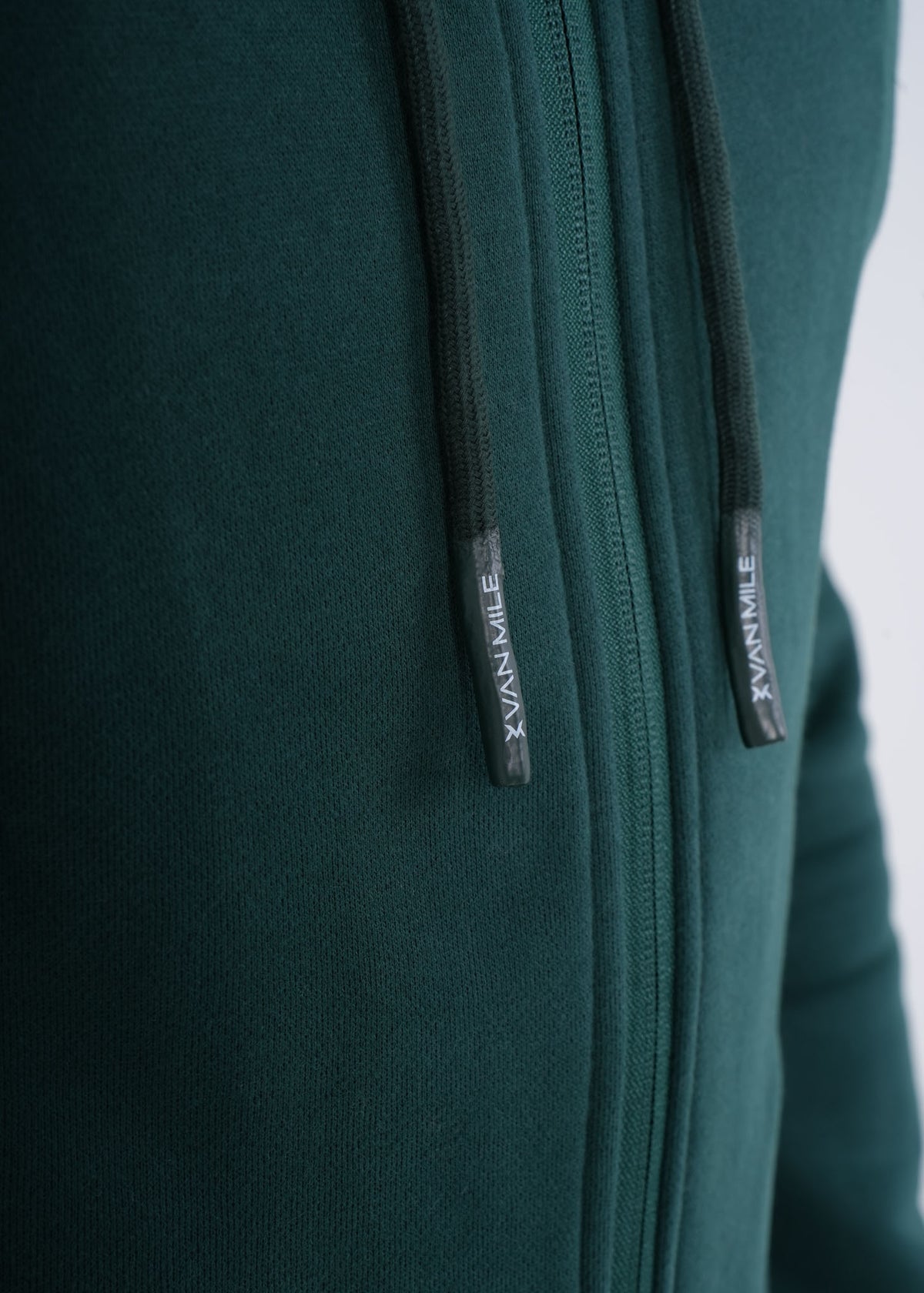 Men's VAN MILE VNML Full Zip Hoodie in British Racing Green – drawcord detail