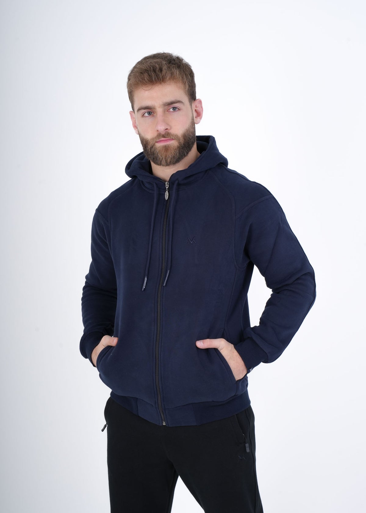 Men's VAN MILE VNML Full Zip Hoodie in Navy – front view, hands in pockets