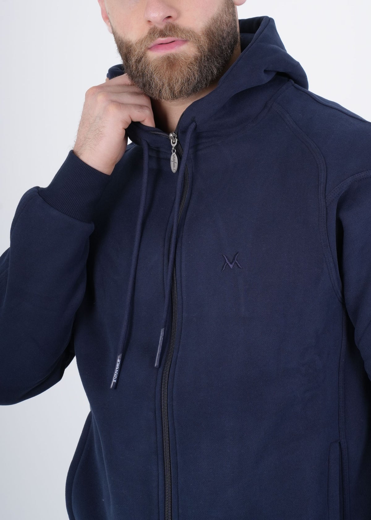 Men's VAN MILE VNML Full Zip Hoodie in Navy – close-up of the chest and hood