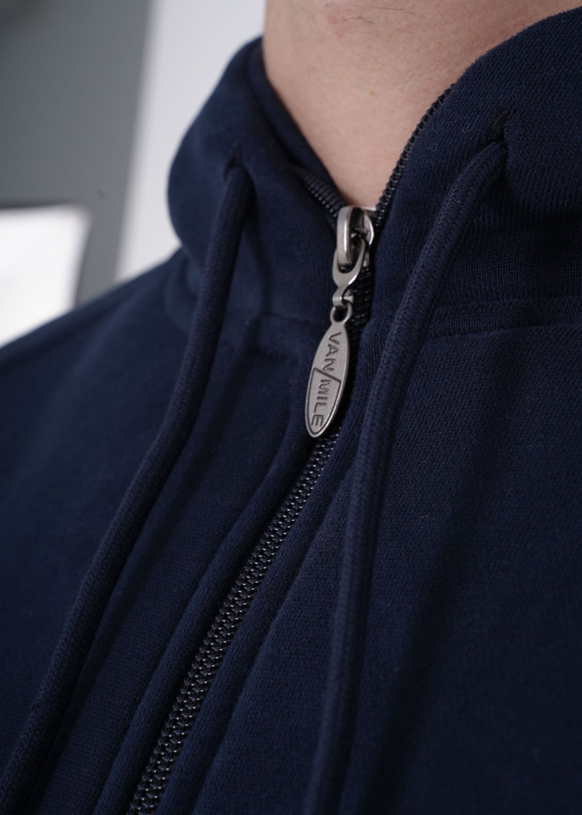 Men's VAN MILE VNML Full Zip Hoodie in Navy – zip pull logo detail