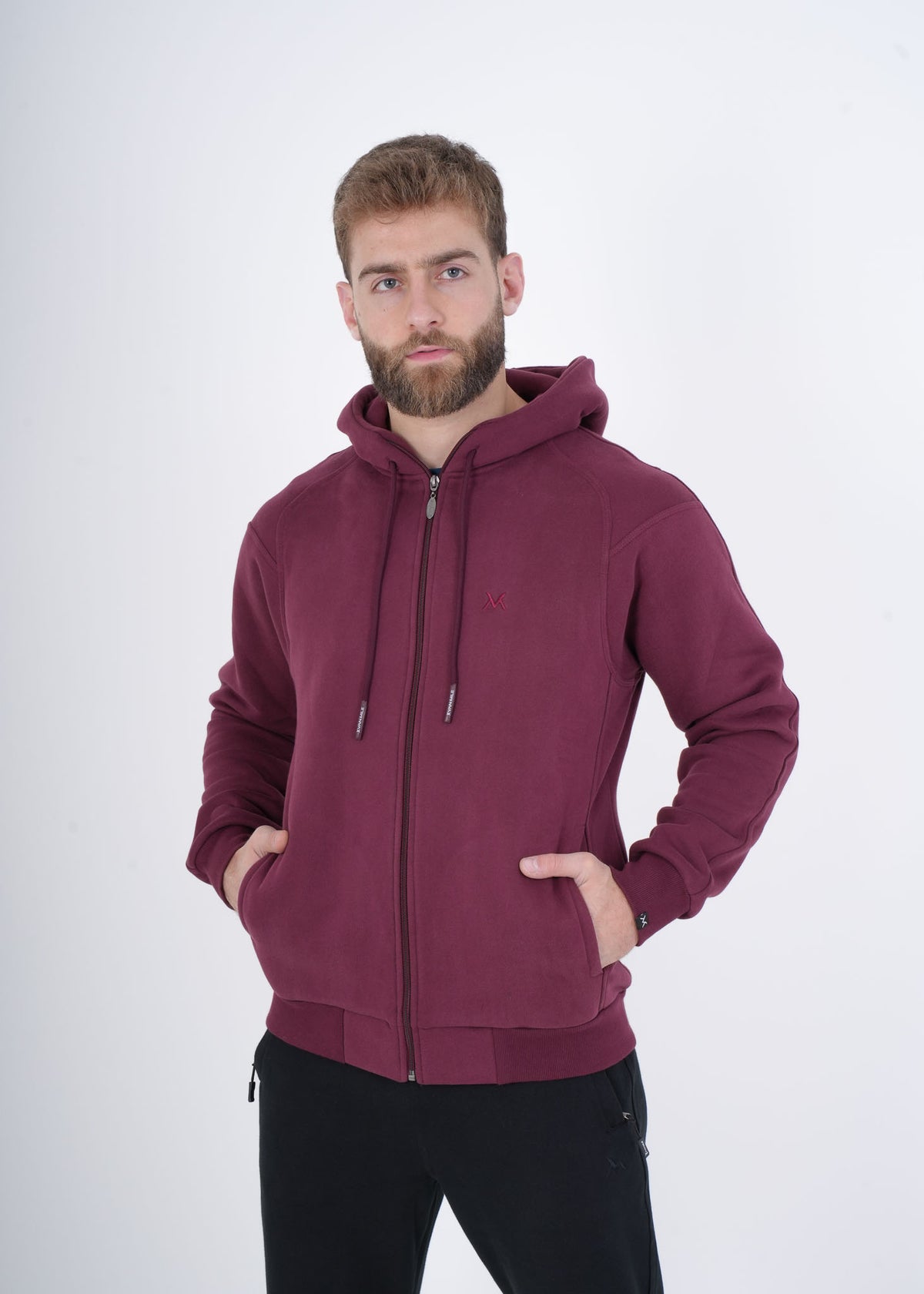 Men's VAN MILE VNML Full Zip Hoodie in Burgundy – front view, hands in pockets