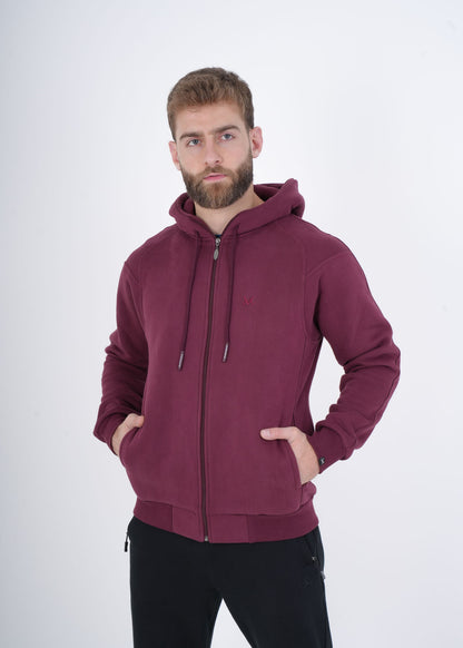 Men's VAN MILE VNML Full Zip Hoodie in Burgundy – front view, hands in pockets