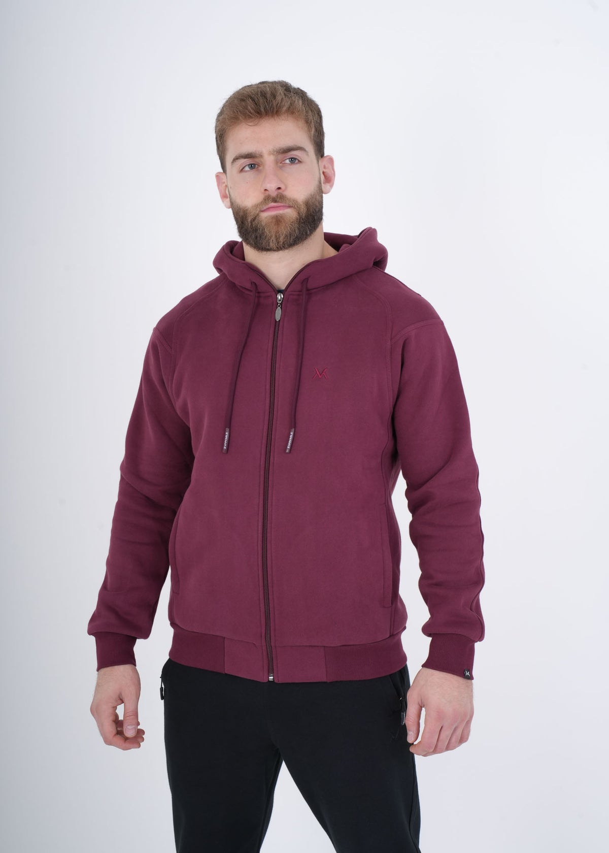 Men's VAN MILE VNML Full Zip Hoodie in Burgundy – front view