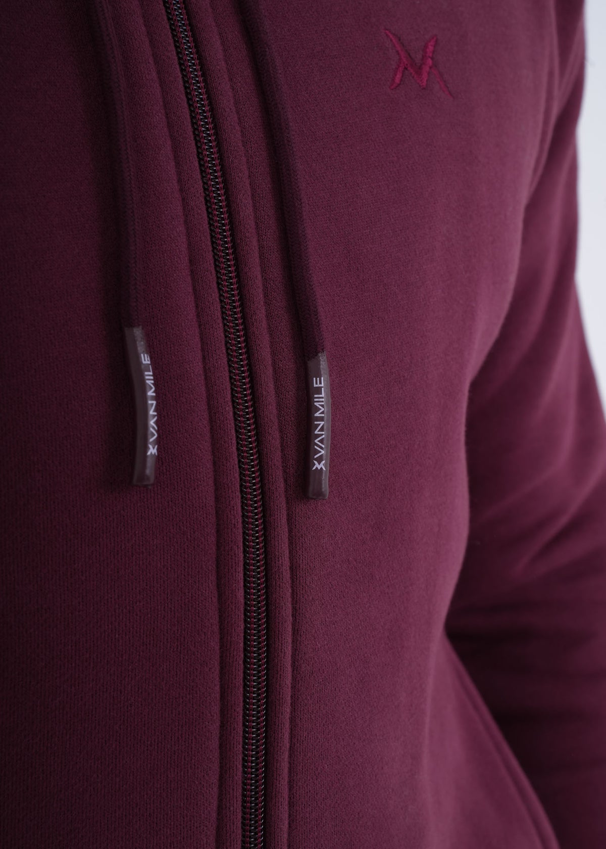Men's VAN MILE VNML Full Zip Hoodie in Burgundy – drawstring and chest logo detail