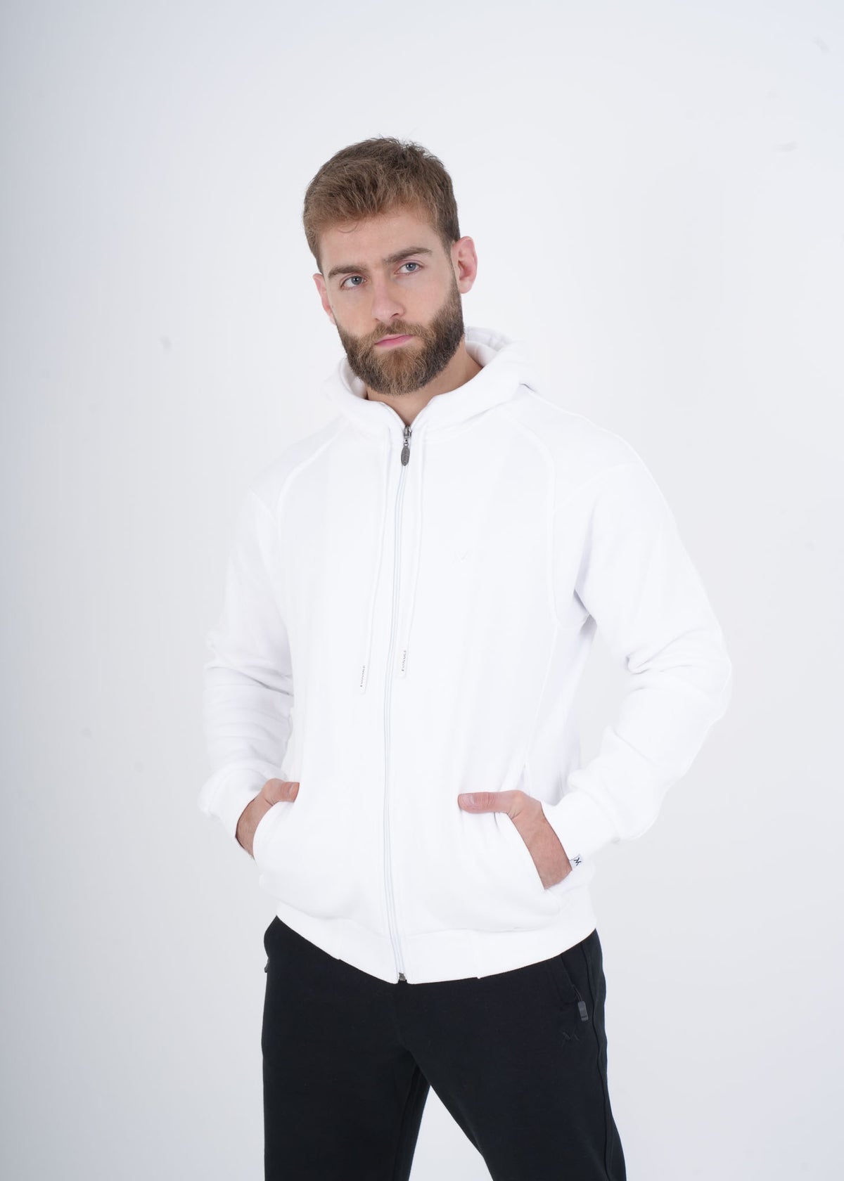 Men's VAN MILE VNML Full Zip Hoodie in White – front view, hands in pockets