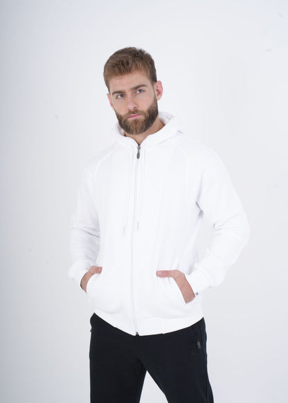 Men's VAN MILE VNML Full Zip Hoodie in White – front view, hands in pockets