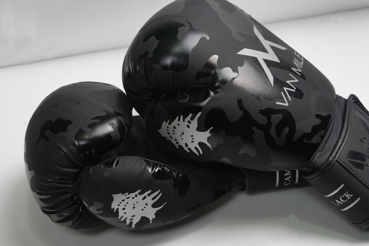 VAN MILE PU 4.0 Boxing Gloves in Camo Black – pair shown, close-up