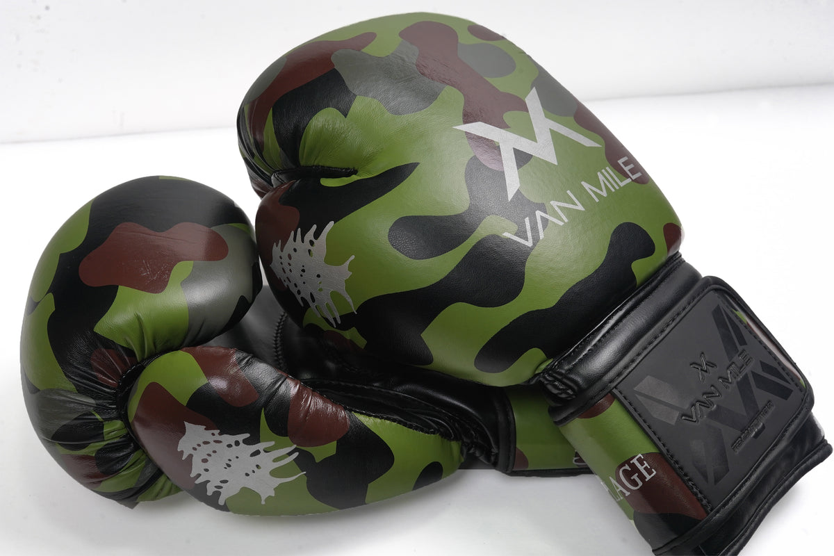 VAN MILE PU 4.0 Boxing Gloves in Camo Green – pair shown, close-up