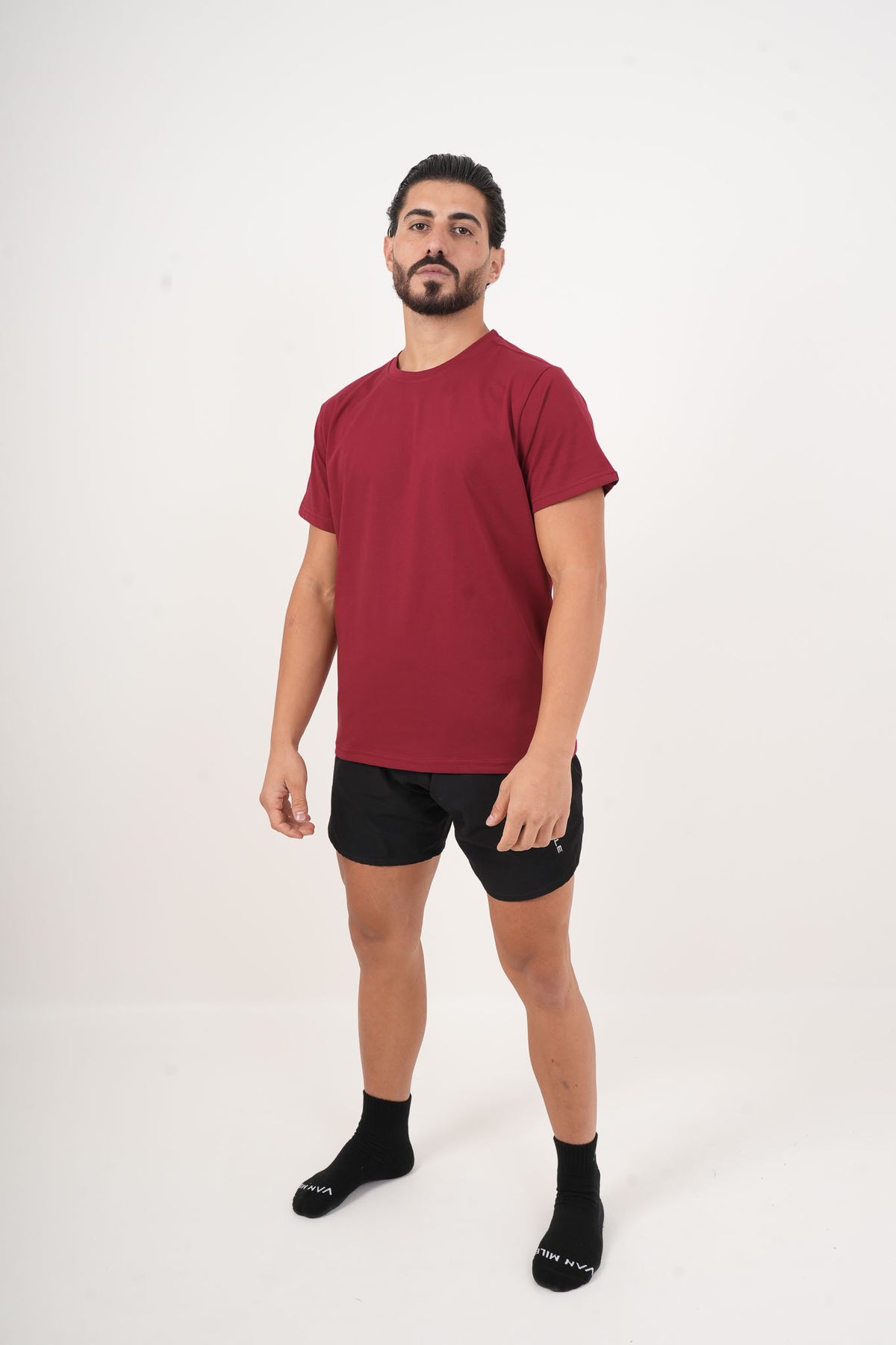 Men's VAN MILE Basic T-Shirt in Burgundy – full-length front view