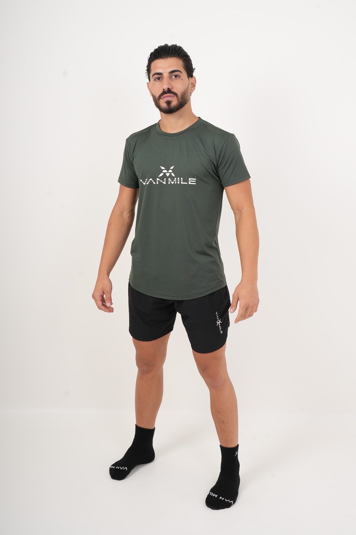 Men's VAN MILE ORIGIN Quick-Dry T-Shirt in Olive Green – full-length front view, angled