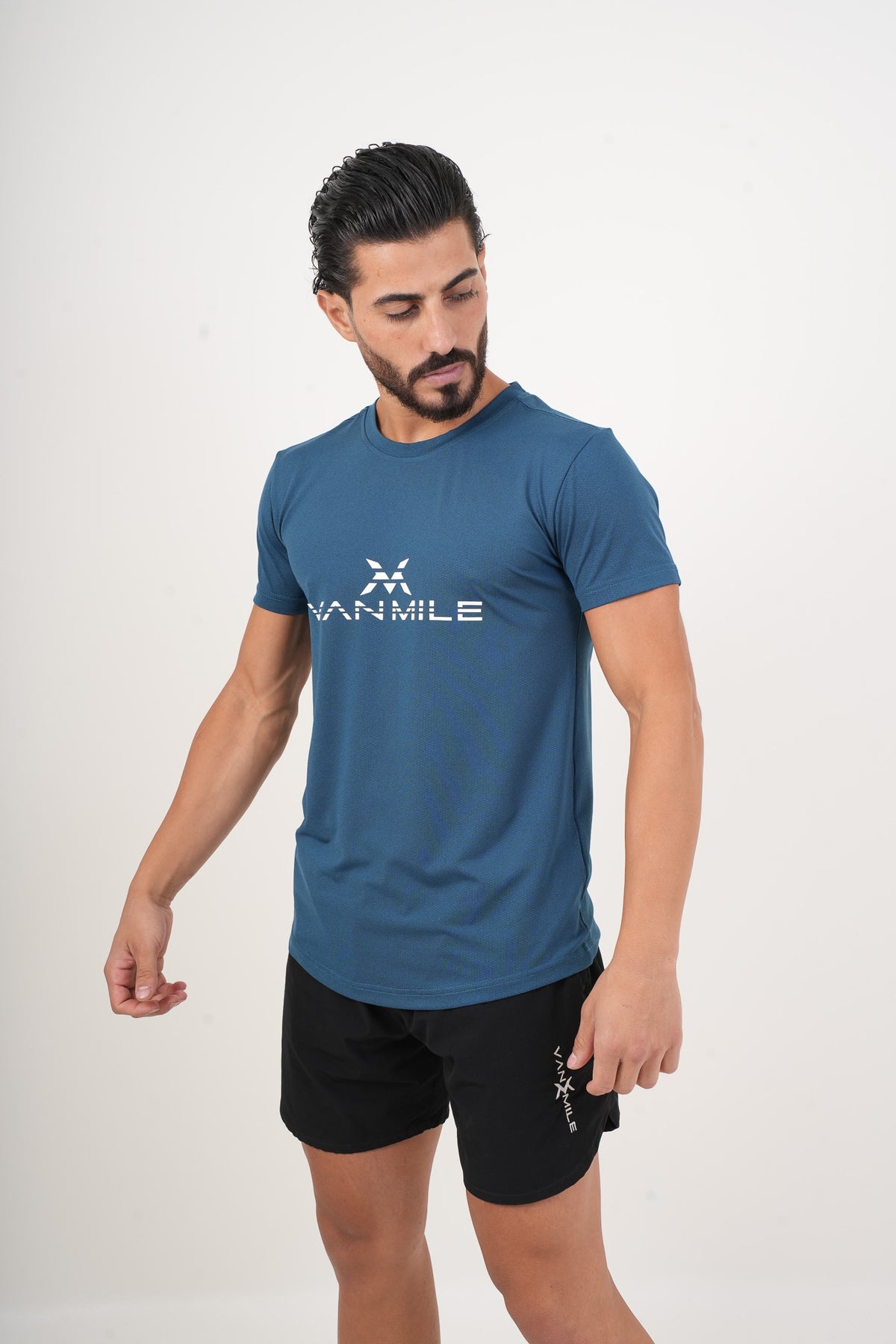 Men's VAN MILE ORIGIN Quick-Dry T-Shirt in Aqua Blue – angled front view