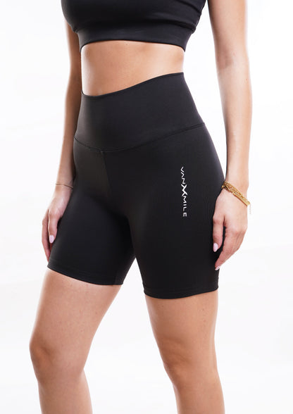 Women's VAN MILE Essential Biker Shorts in Black – angled front view