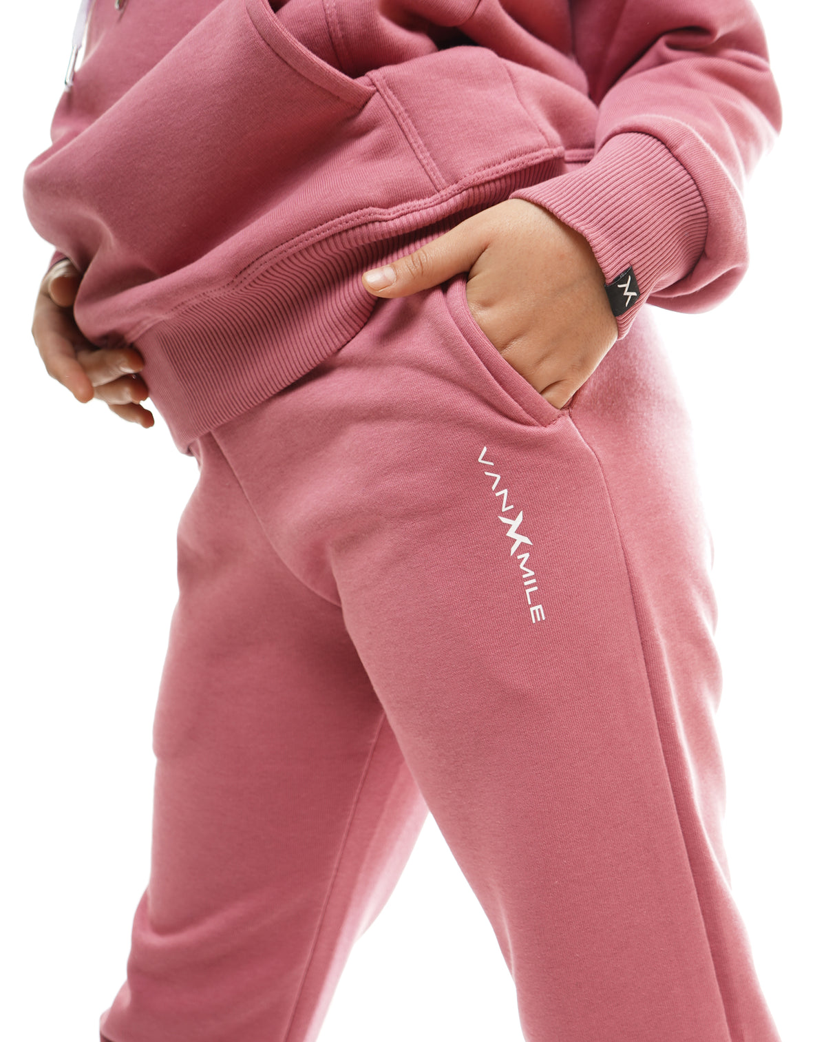 Kids' VAN MILE Everyday Kids Tracksuit in Dazzle Pink – jogger pocket and logo detail