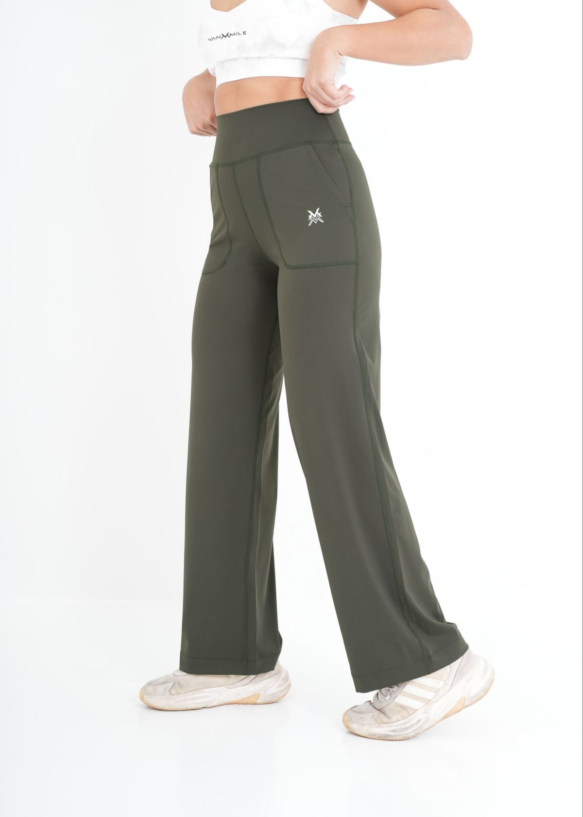 Women's VAN MILE PULSE Flared Leggings in Olive Green – side view