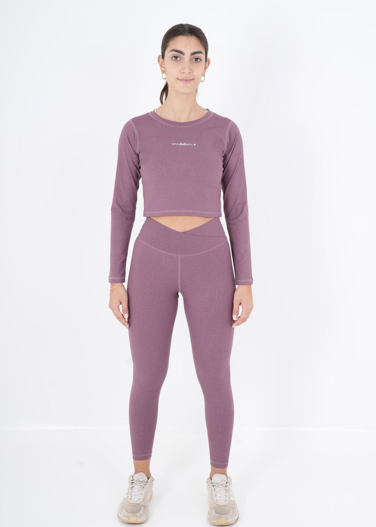 Women's VAN MILE ACTV Two-Piece Cropped Set in Heather Rose – full-length front view