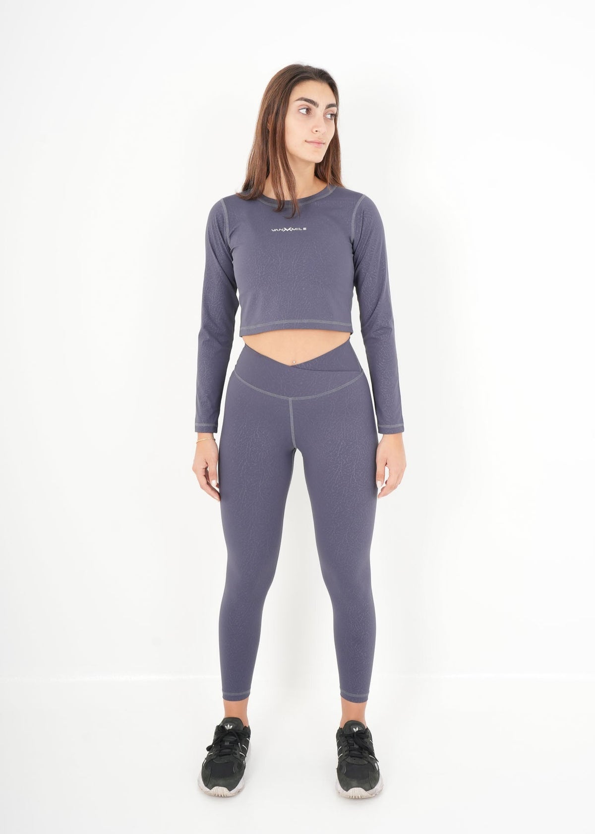 Women's VAN MILE ACTV Two-Piece Cropped Set in Slate Grey – full-length front view