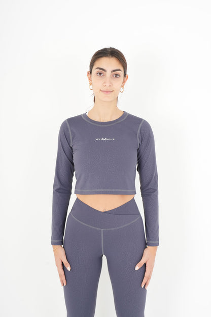 Women's VAN MILE ACTV Two-Piece Cropped Set in Slate Grey – front view of the top