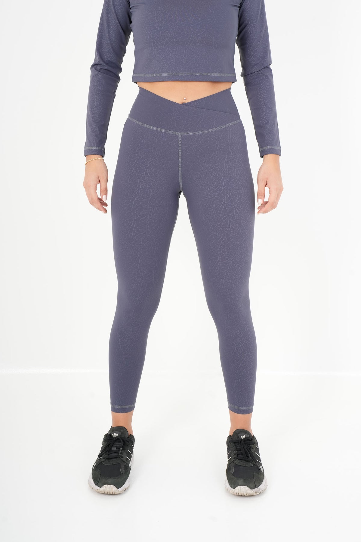 Women's VAN MILE ACTV Two-Piece Cropped Set in Slate Grey – front view of the leggings