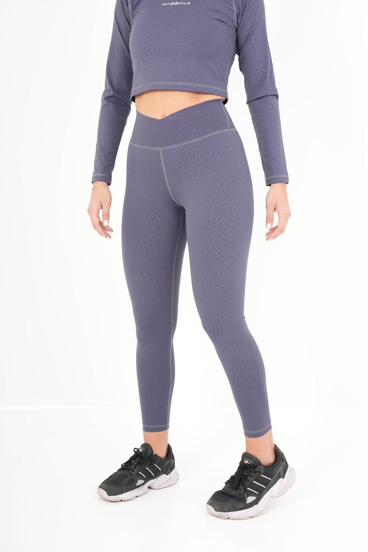 Women's VAN MILE ACTV Two-Piece Cropped Set in Slate Grey – side view of the leggings