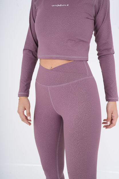 Women's VAN MILE ACTV Two-Piece Cropped Set in Heather Rose – waistband detail, angled
