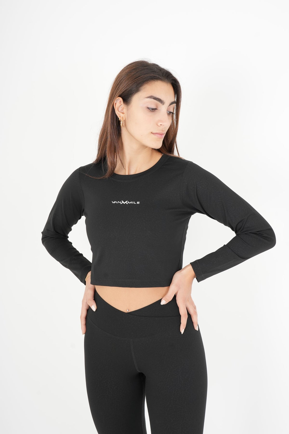 Women's VAN MILE ACTV Two-Piece Cropped Set in Black – front view of the top