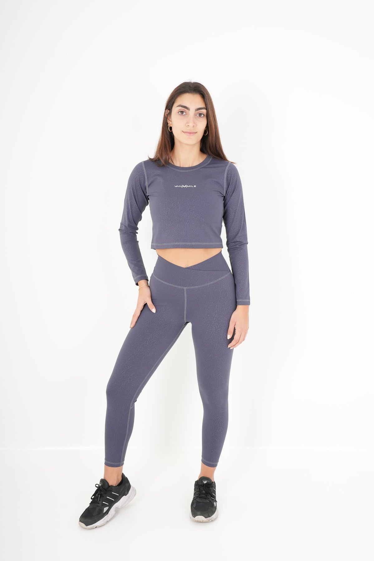 Women's VAN MILE ACTV Two-Piece Cropped Set in Slate Grey – full-length front view, hand on hip