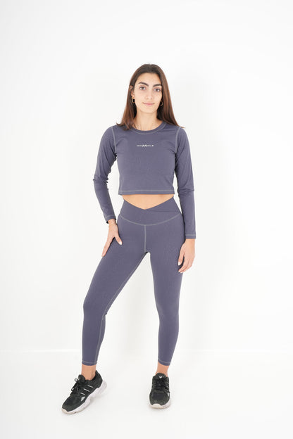 Women's VAN MILE ACTV Two-Piece Cropped Set in Slate Grey – full-length front view, hand on hip
